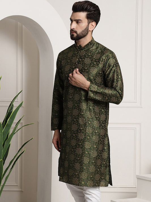 Sojanya Men Green & Brown Ethnic Motifs Printed Kurta | Swadesiicart