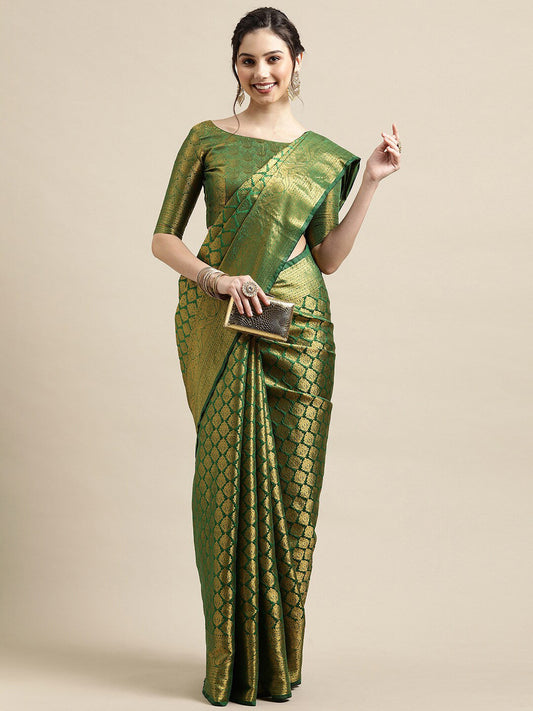 Saree Mall Green & Gold-Toned Woven Design Zari Silk Blend Banarasi Saree | Swadesiicart