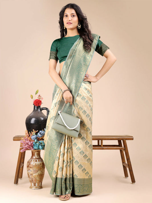 Astita Aura Silk Cream Green Banarasi Silk Saree | Swadesiicart