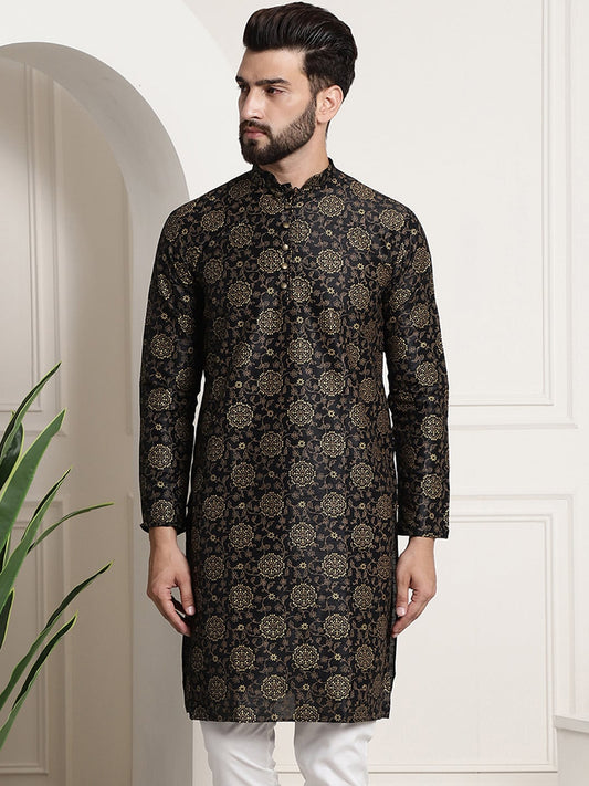 Sojanya Men Black & Brown Ethnic Motifs Printed Kurta | Swadesiicart
