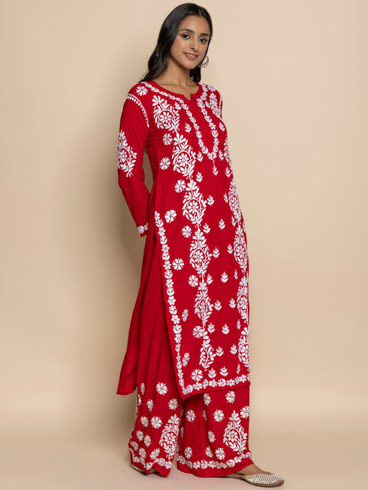 HOUSE OF KARI Floral Embroidered Chikankari Cotton A-Line Kurta | Swadesiicart