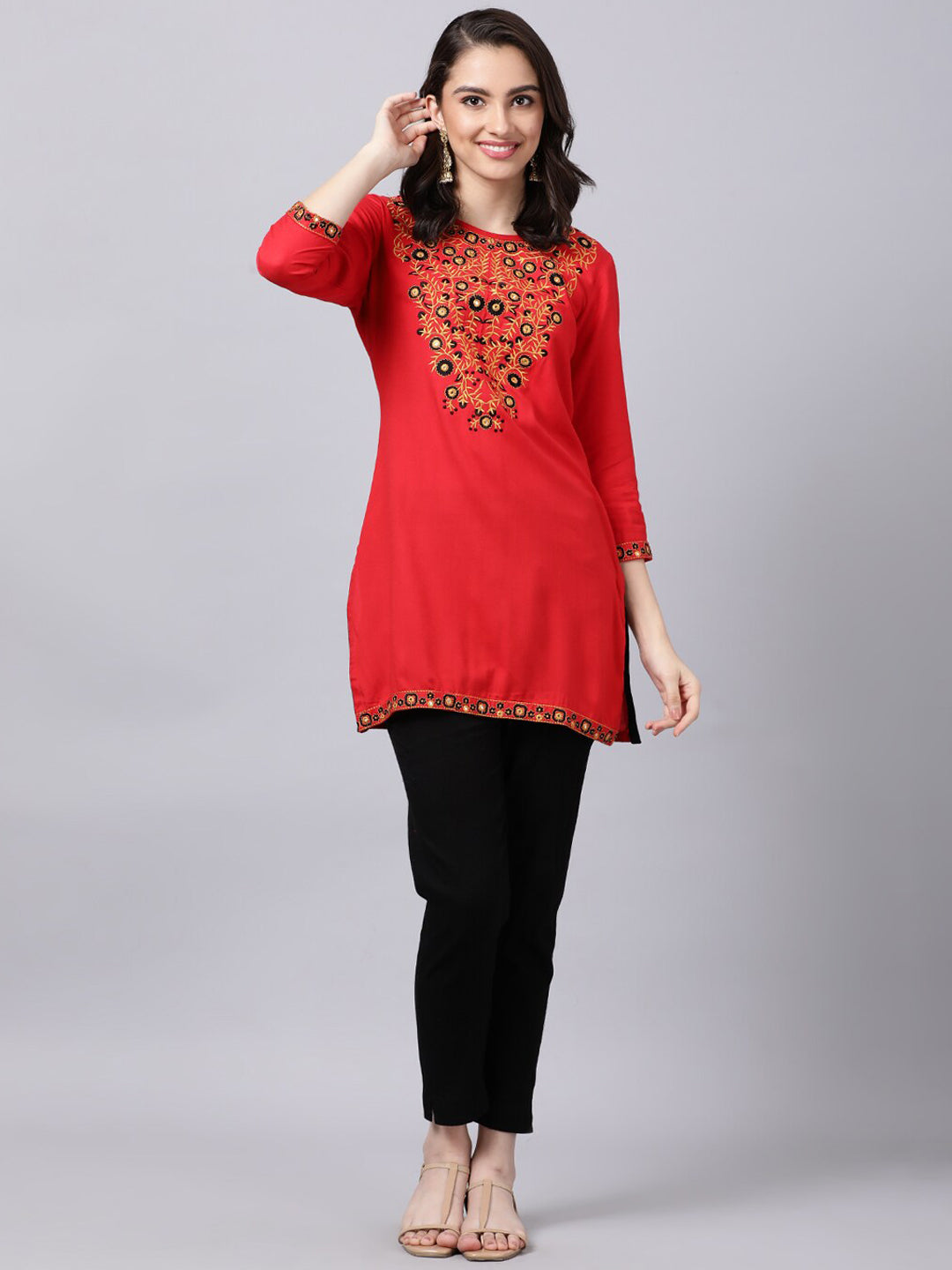 Souchii Women Red Yoke Design Thread Work Grandeur & Majestic Artwork Kurta - Swadesiicart