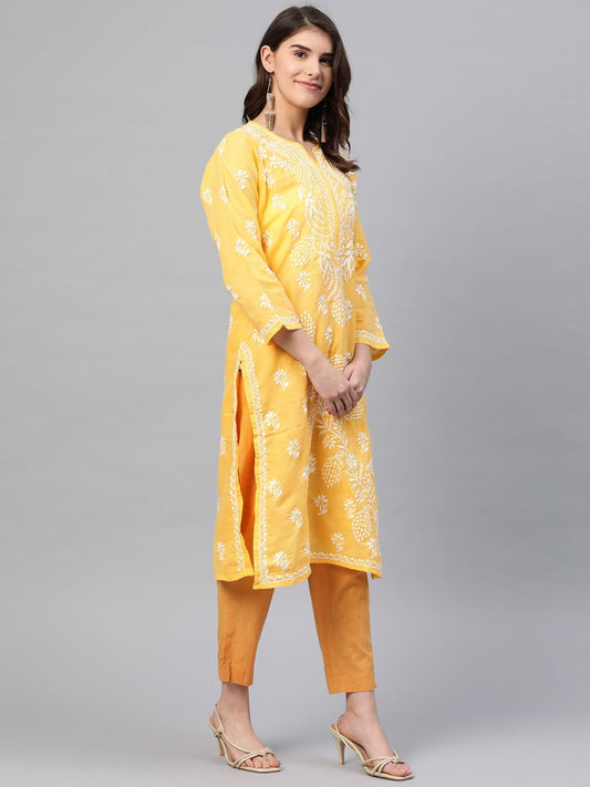 ADA Women Yellow & White Chikankari Embroidered Straight Sustainable Handloom Kurta | Swadesiicart