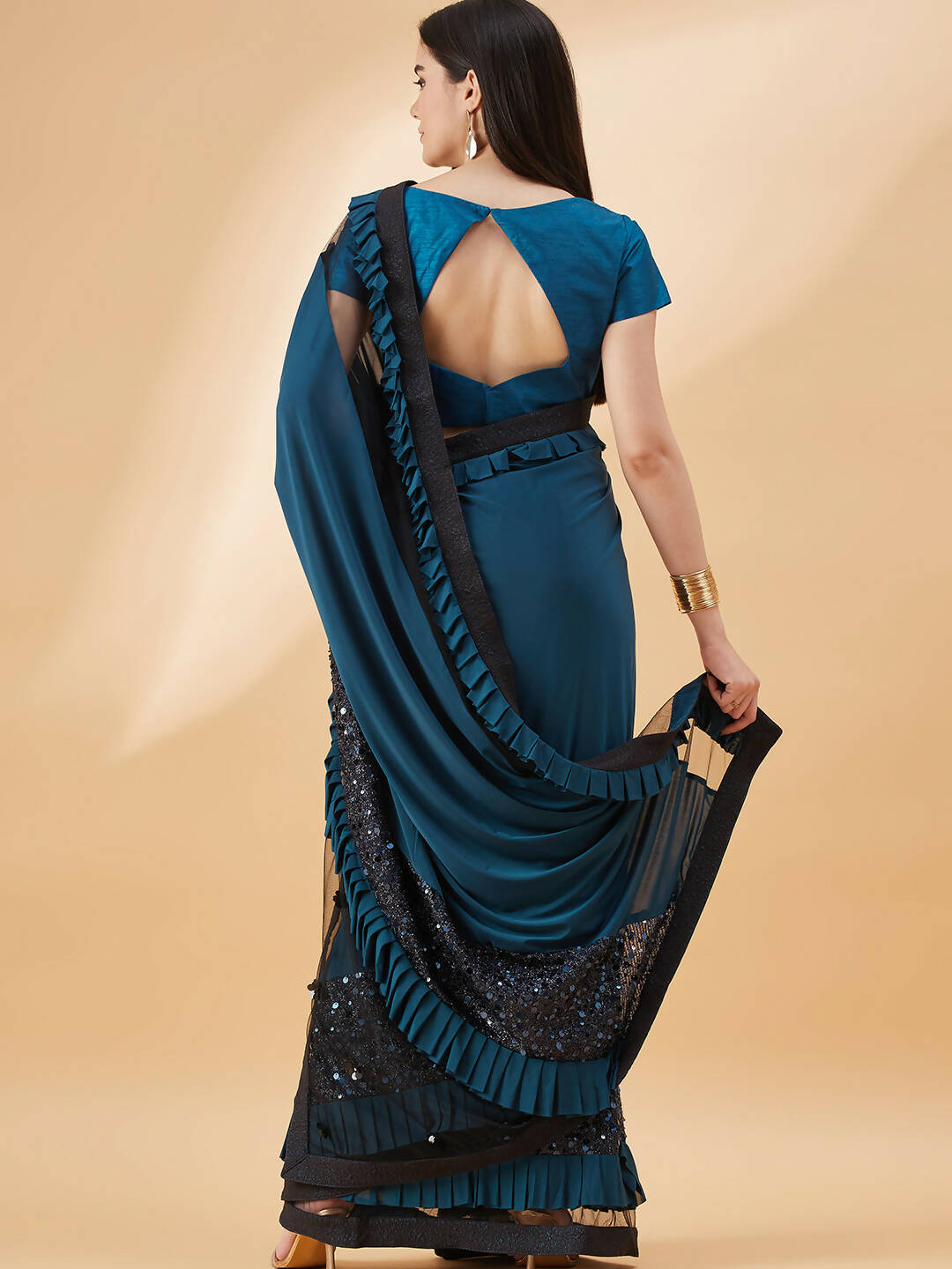 Peacock Blue Lycra Sequins Fabric. Frill Details, Handwork Buttis Saree - Norita Hit Design - Swadesiicart