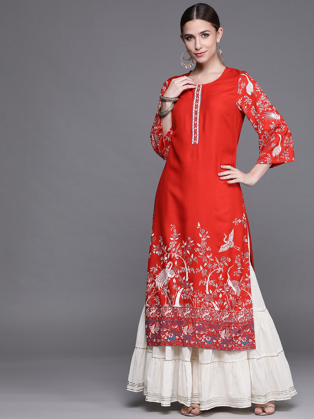 Biba Women Red Floral Printed Extended Sleeves Kurta - Swadesiicart