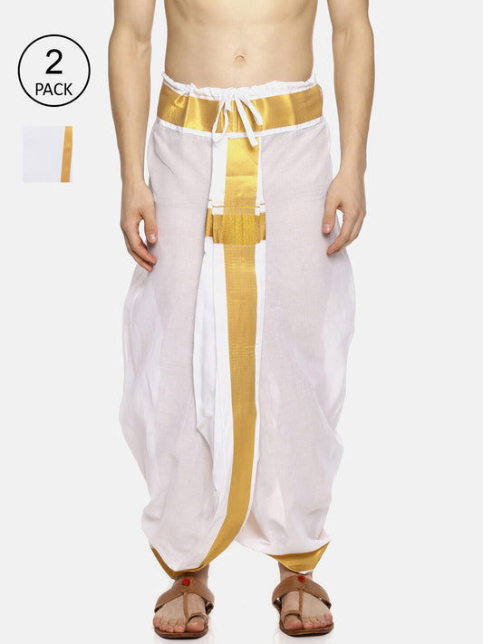 Sethukrishna Men Pack Of 2 White Solid Cotton Readymade Dhoti Pants | Swadesiicart