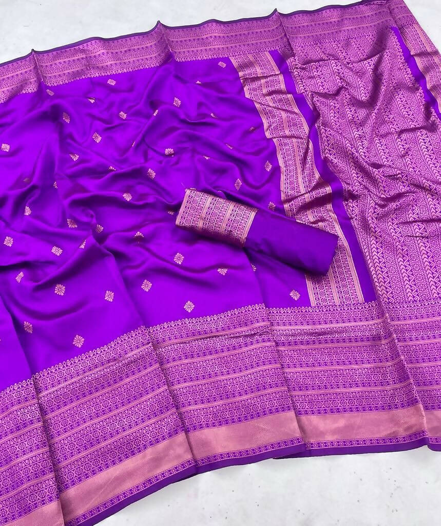 DEIANA'S Beautiful Designer Golden zari Soft Lichi Silk Saree - Purple - Swadesiicart