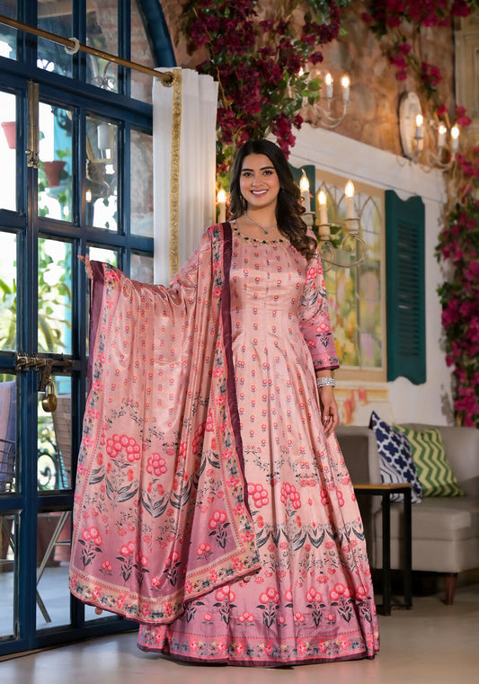 Partywear Designe rPeach Dola Silk Anarkali suit with Dupatta - Samyukta - Swadesiicart