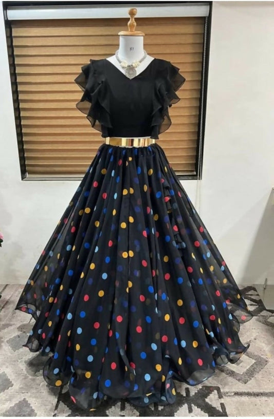 Dishitha Creation Color Dot Printed Stitched Lehenga & Crop Top - Black & Black | Swadesiicart