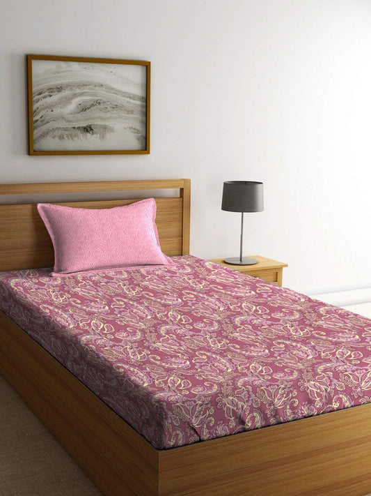 MYTRIDENT Maroon & White Ethnic Motifs Cotton 120 TC Single Bedsheet With 1 Pillow Cover - Swadesiicart