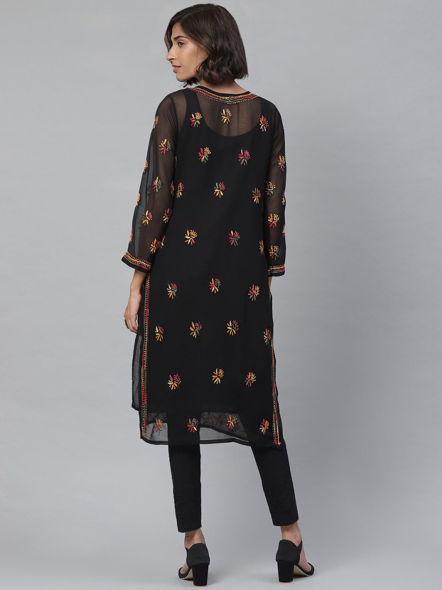 ADA Women Black & Mustard Yellow Chikankari Embroidered Sustainable Kurta with Trousers | Swadesiicart