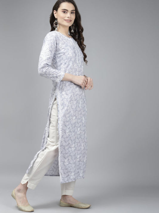 ADA Women Grey & White Floral Chikankari Cotton Handloom Kurta | Swadesiicart