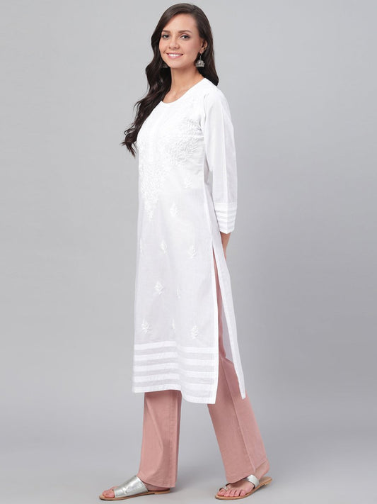 ADA Women White Chikankari Hand-Embroidered Straight Sustainable Handloom Kurta | Swadesiicart