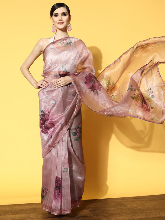 Tikhi Imli Pink & Green Floral Organza Saree | Swadesiicart