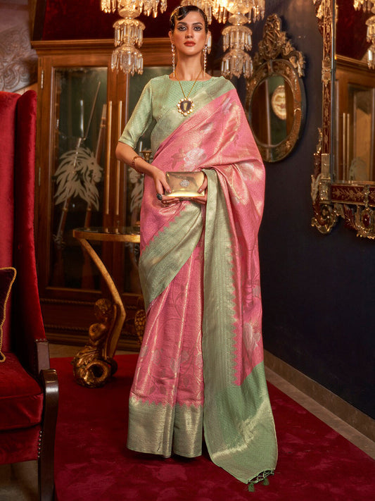 Mitera Women Pink & Green Floral Zari Silk Blend Banarasi Saree | Swadesiicart