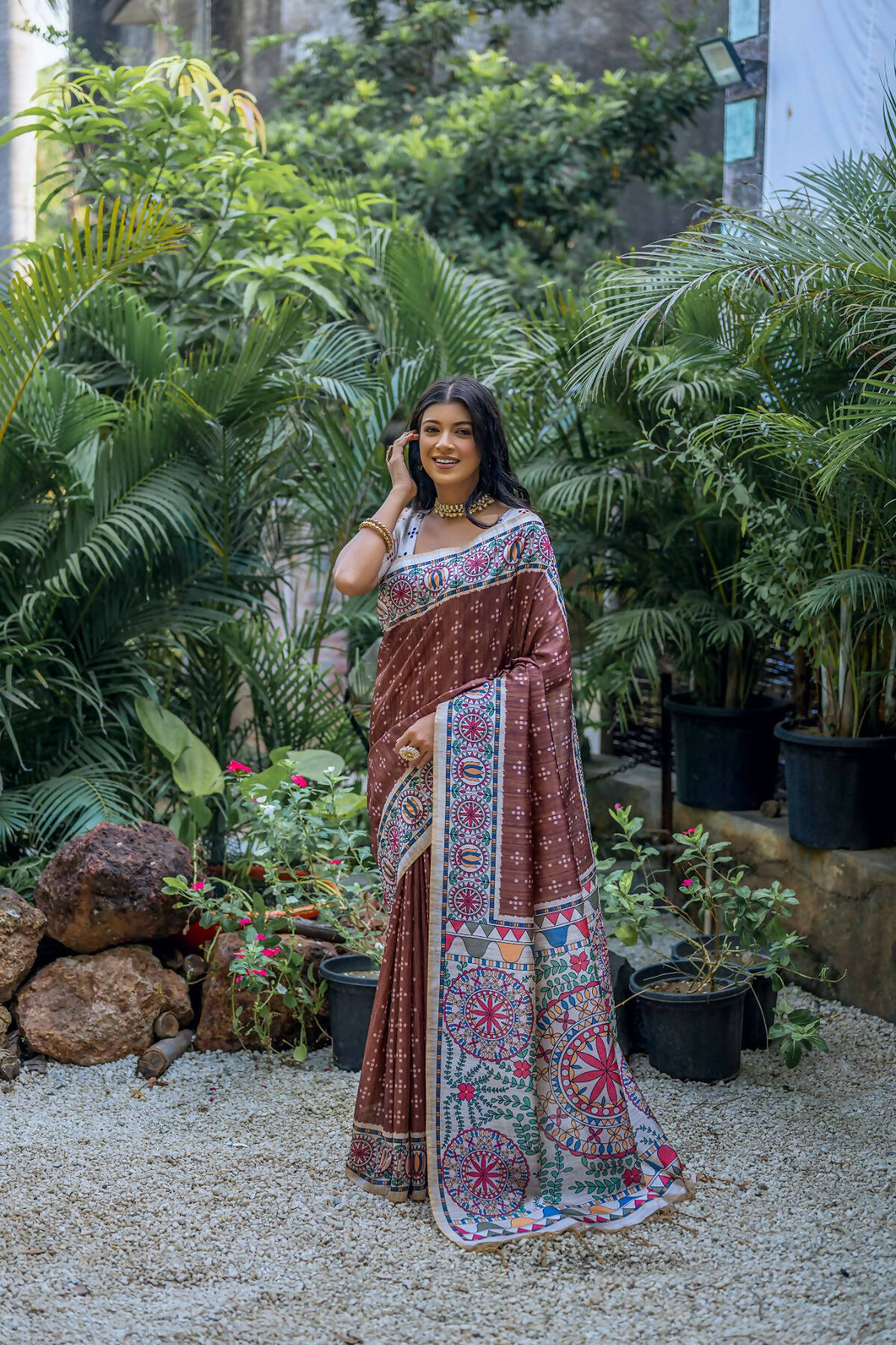 Vishnu Weaves Women's Coffee Soft Tussar Silk Printed Saree with Blouse - Swadesiicart