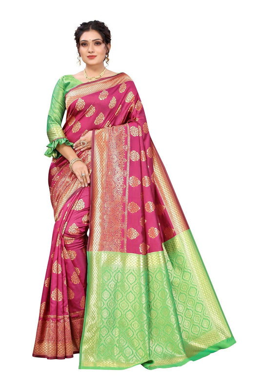 Vamika Ethnic Fire Pink Weaving Banarasi Jacquard Saree | Swadesiicart