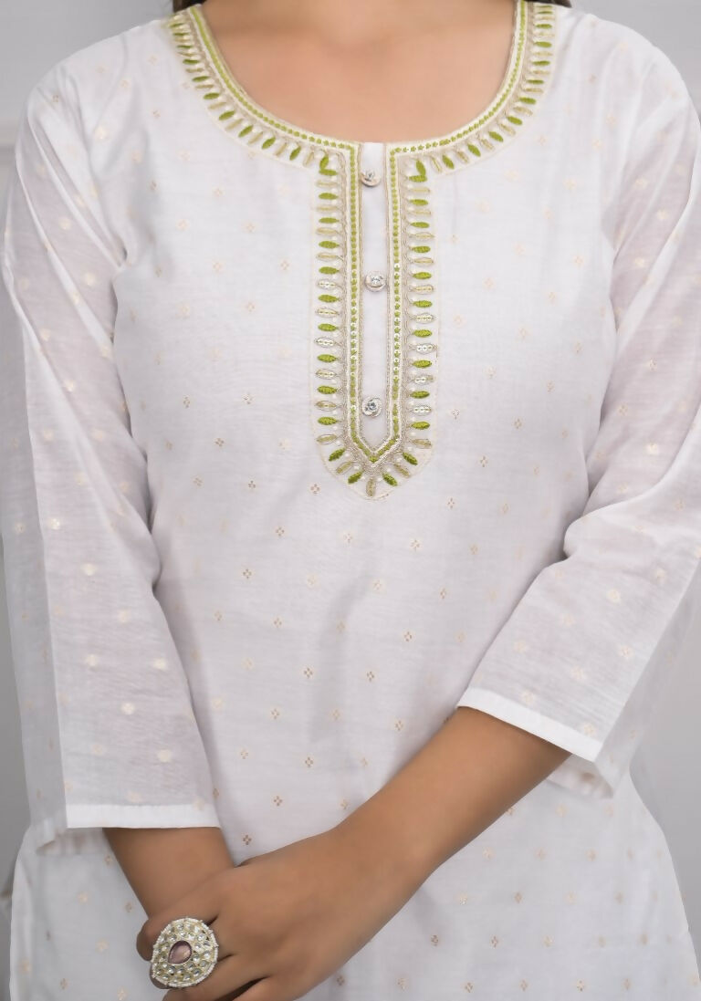 White Viscose Silk Embroidery with Thread and sequence Stitched Suit With Dupatta - Tanisha | Swadesiicart