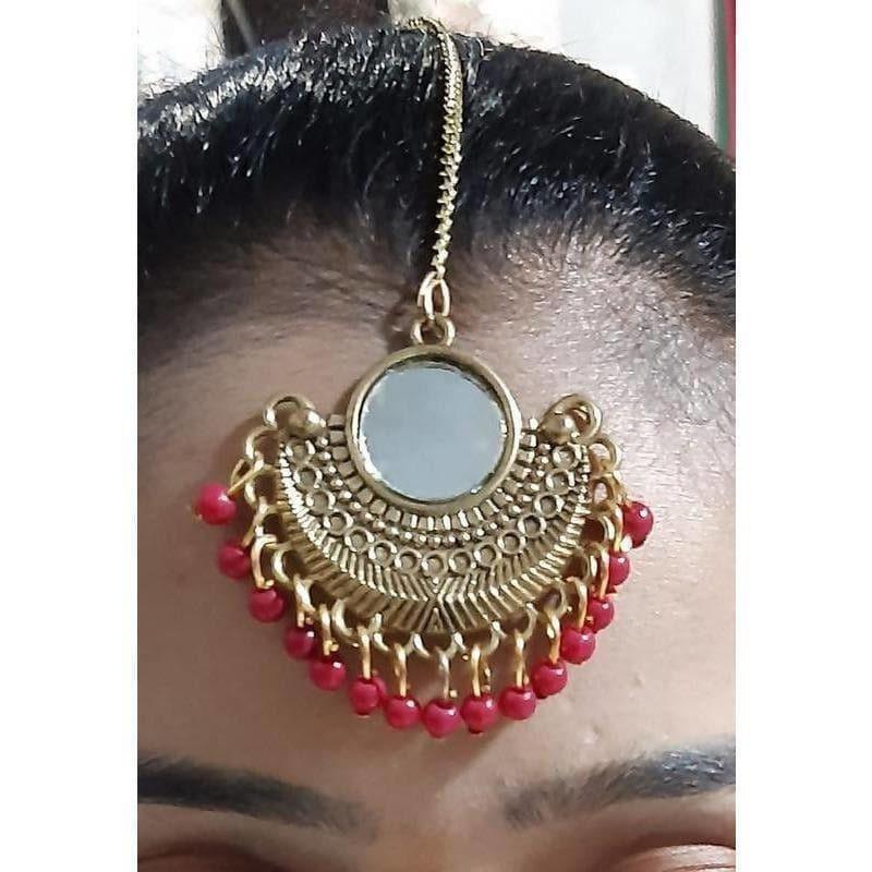 MS Fashion India Gold-Polished Red Color Pearls Mirror Maang Tikka | Swadesiicart