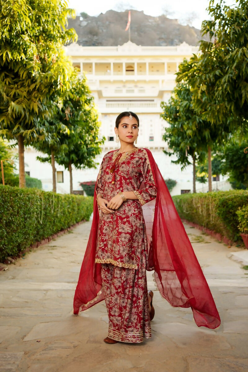 Vaasva Women Maroon Muslin Floral & Embroidered Cut Work Kurta ,Sharara & Dupatta set | Swadesiicart