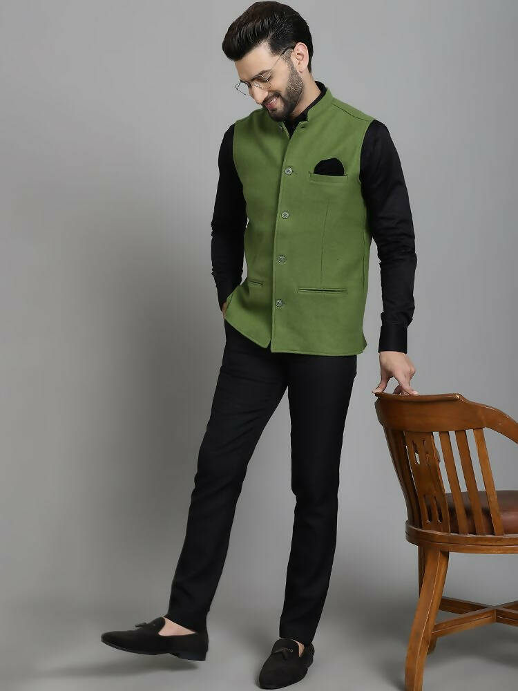 Even Apparels Nehru Jacket With Welt Pockets - Olive | Swadesiicart