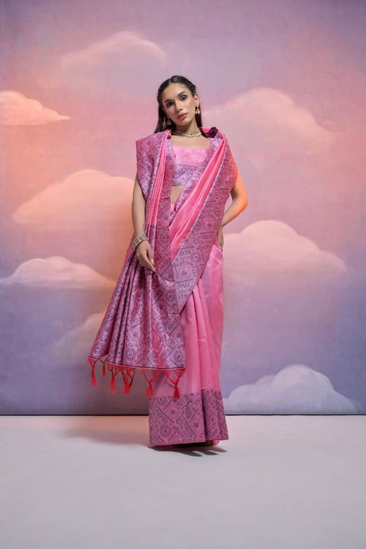 Vishnu Weaves Women's Baby-Pink Handloom Raw Silk Woven Border Saree with Blouse - Swadesiicart