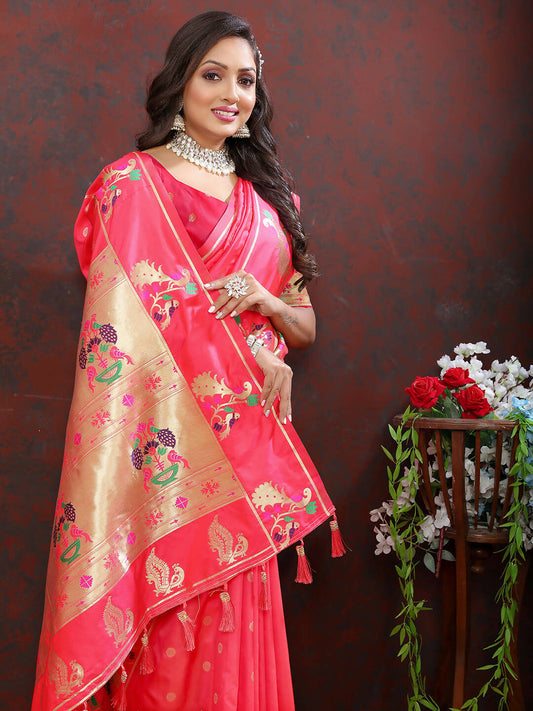 Lorenvalley Fashion Peach Soft Paithani Silk Woven Design Gold Zari Meenakari Weaving Saree - Swadesiicart