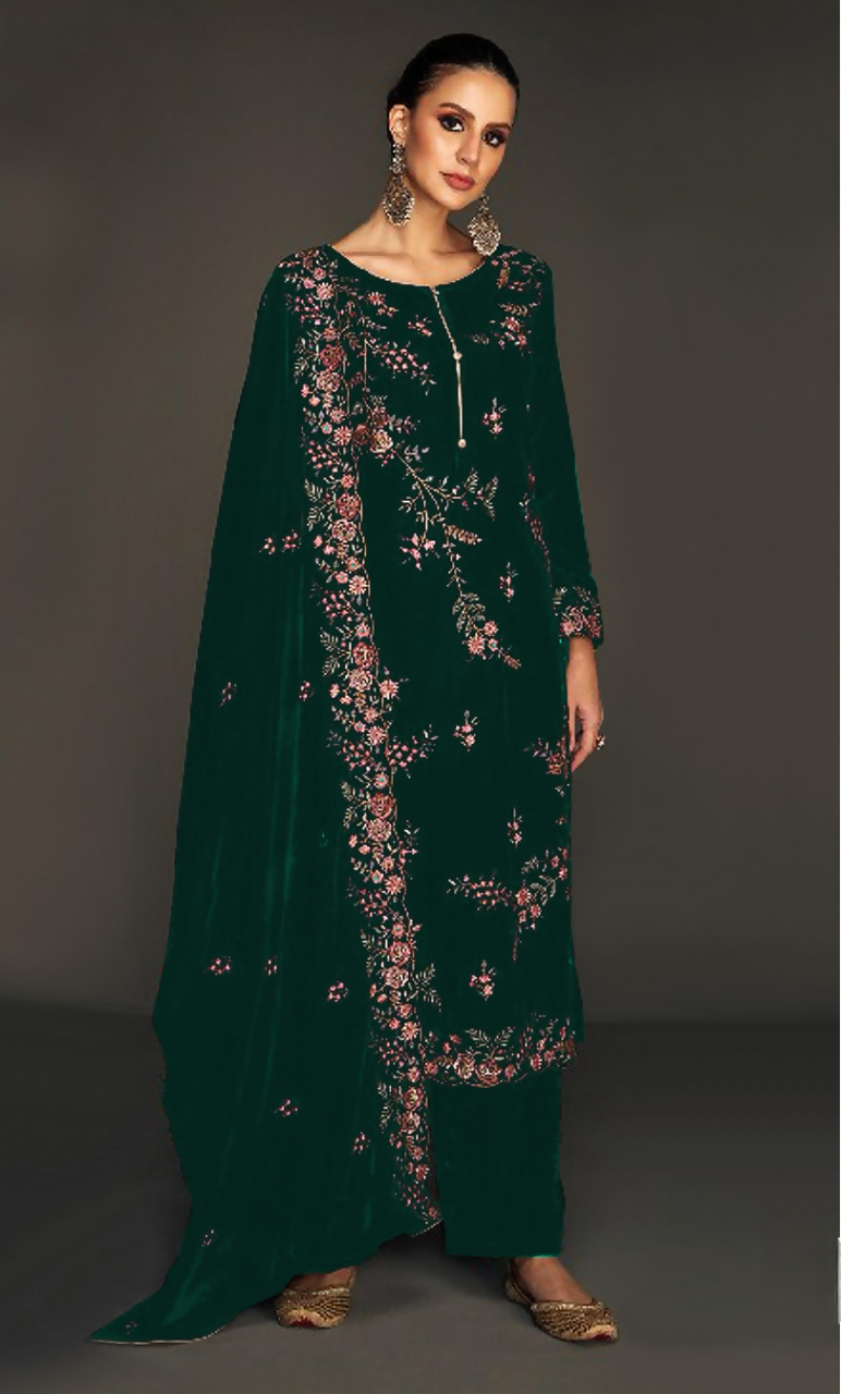 Anaita Green Pure Velvet Stitched Suit with Heavy Embroidery Sequence Work