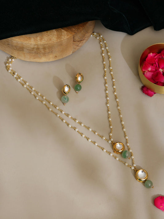 Ruby Raang Green Aventurine & Kundan Necklace with Studs | Swadesiicart