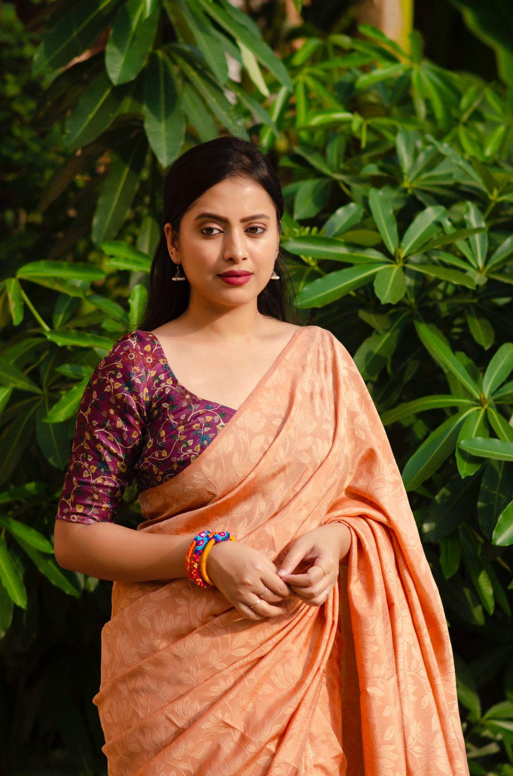 Orange Jute Silk Woven Design Saree with Unstitched Blouse - Hiral Fashion | Swadesiicart