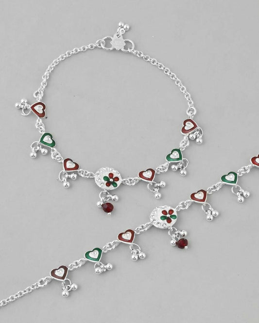 VOJ Set of 2 Stone Studded Heart Shaped Traditional Anklet - Swadesiicart