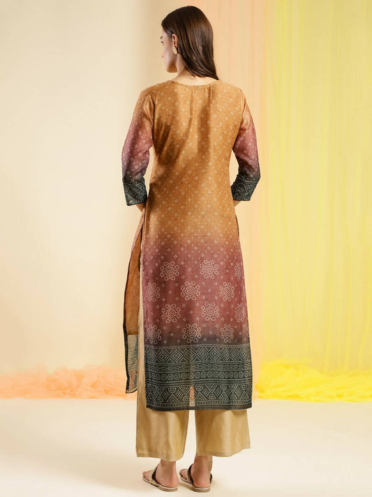 Orange Chinon Digital Printed With Hand Work Kurta - Himanshi - Swadesiicart
