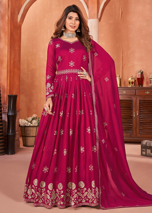 Hot Pink Festive Embroidered Art Silk Anarkali Suit - Emponline | Swadesiicart