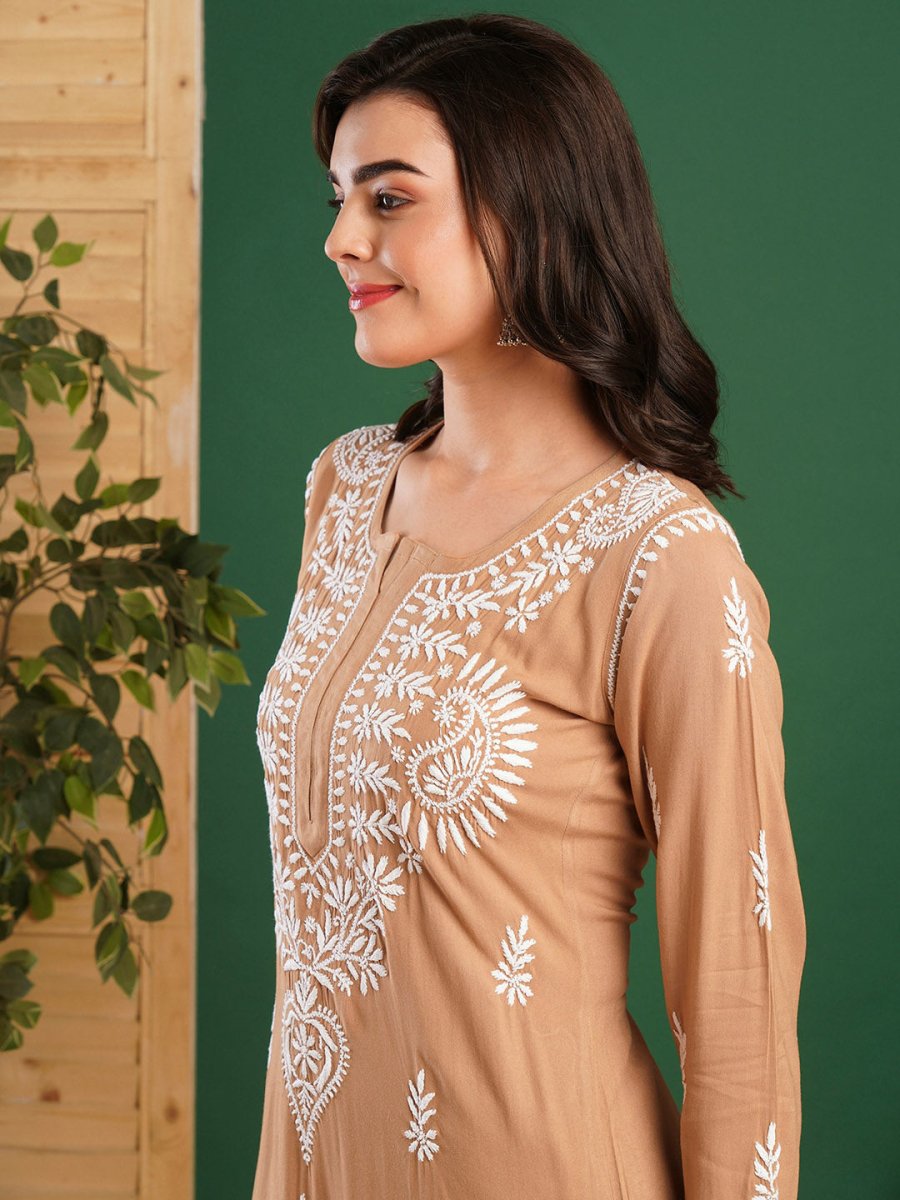 ADA Ethnic Motifs Embroidered Chikankari Kurta with Trousers | Swadesiicart
