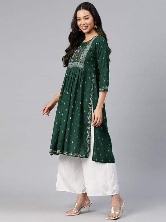 Kalini Ethnic Motifs Printed High Slit Mirror Work Kurta - Swadesiicart