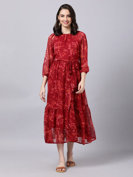 Souchii Maroon Floral Layered Chiffon A-Line Midi Dress - SOUCHII