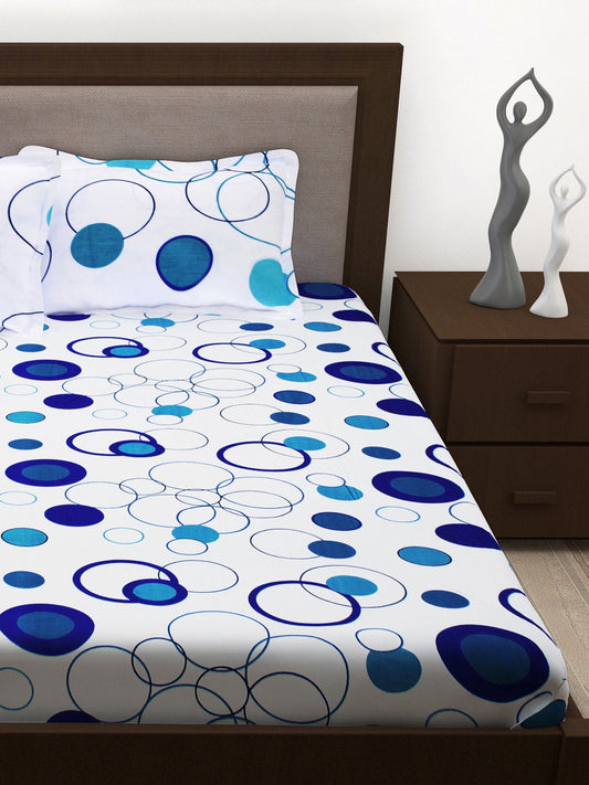 Story@home White & Blue Geometric 186 TC Cotton 1 Queen Bedsheet with 2 Pillow Covers - Swadesiicart