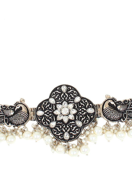 Cardinal Silver-Toned Black Colored Oxidized Choker Jewellery Set | Swadesiicart