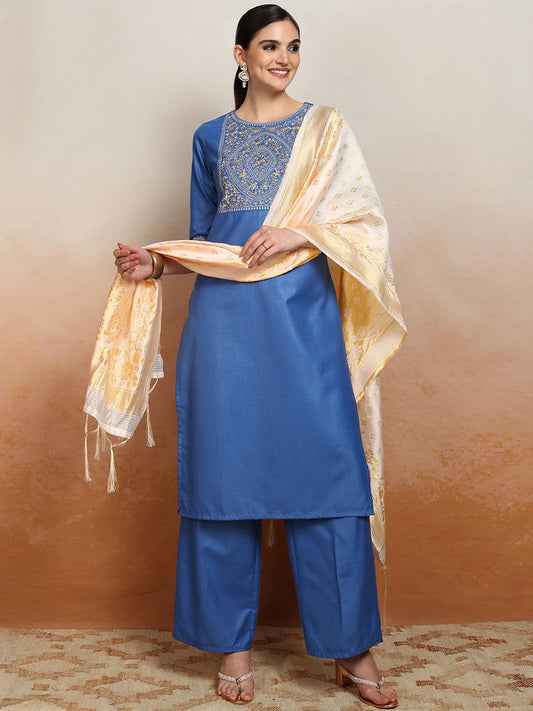 Vishudh Embroidered Straight Kurta With Palazzo & Dupatta - Swadesiicart