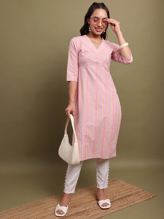 Vishudh Striped V-Neck Cotton Kurta - Swadesiicart