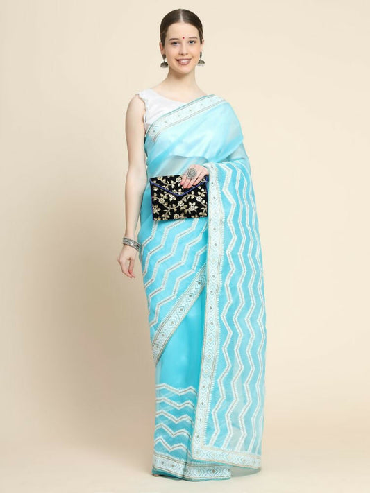 Vamsee Banno Lehriya Sky Organza Saree - Swadesiicart