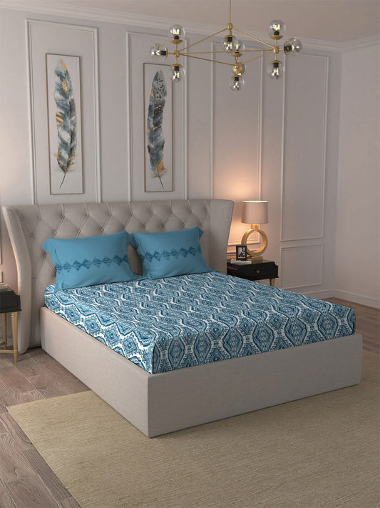 MYTRIDENT Blue White Ethnic Motifs Cotton 120 TC Queen Bedsheet With 2 Pillow Covers - Swadesiicart