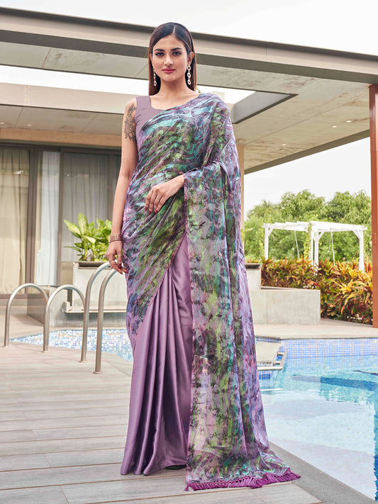 Tikhi Imli Mauve Abstract Printed Satin Half and Half Saree | Swadesiicart