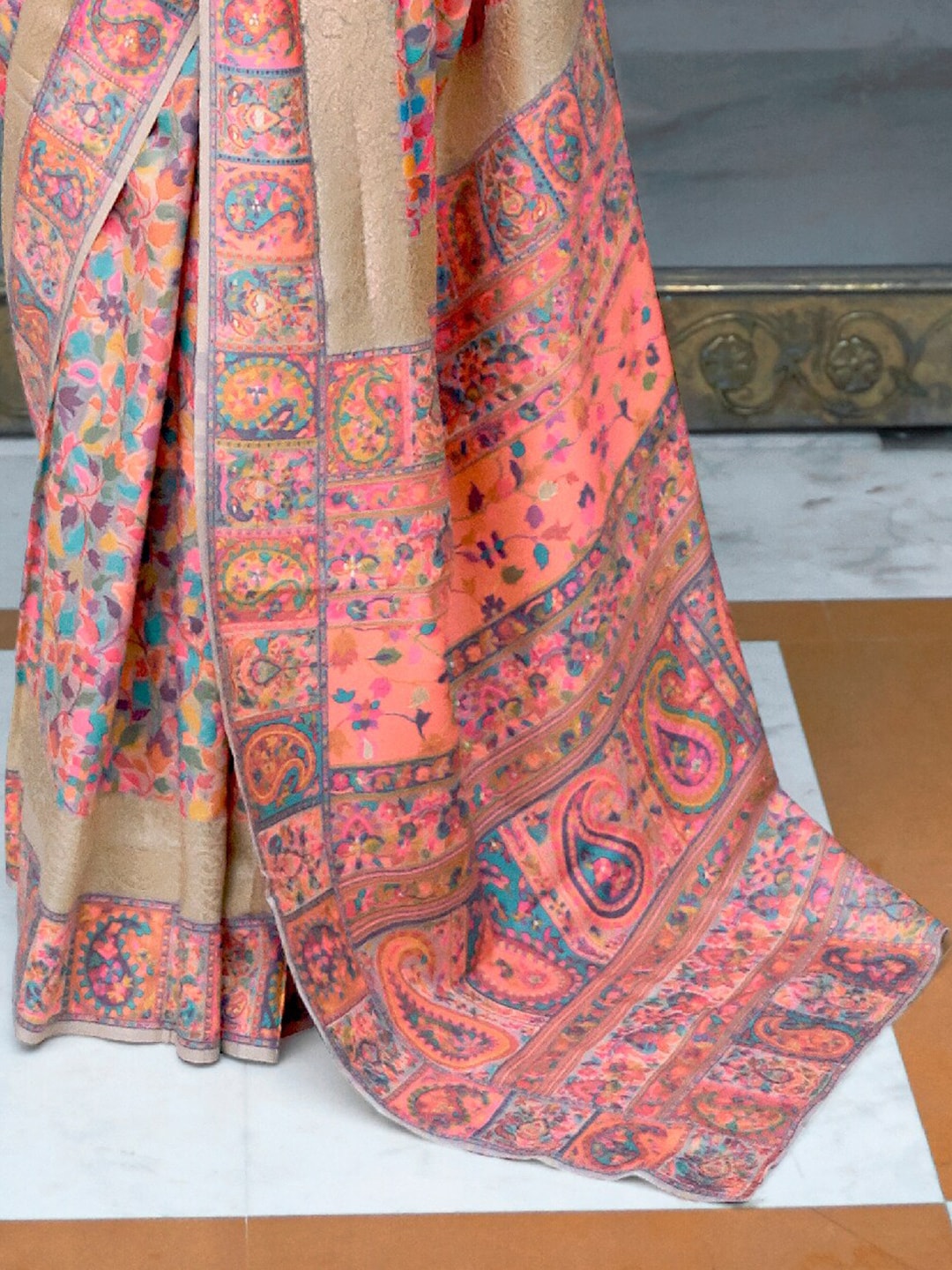 Mitera Peach-Coloured & Blue Woven Design Silk Blend Banarasi Saree | Swadesiicart
