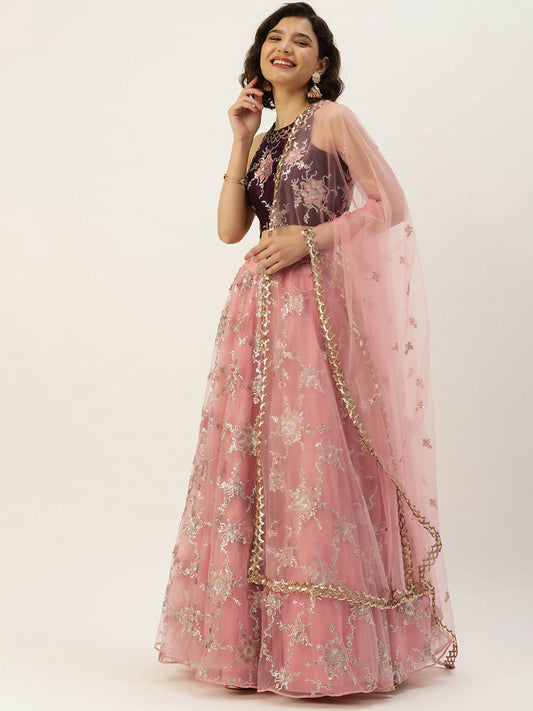 House of Panchhi Pink Net Sequins Embroideried Lehenga | Swadesiicart