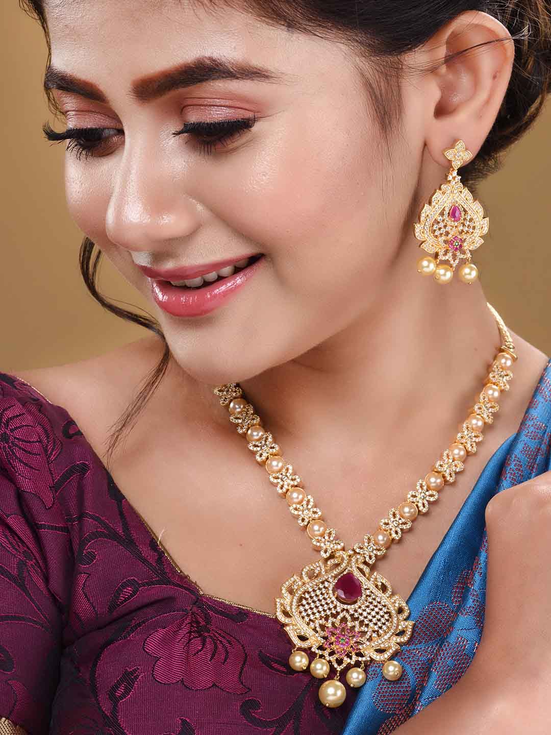 Saraf RS Jewellery Gold-Polished White & Pink American Diamond Studded & Beaded Handcrafted Jewellery Set - Swadesiicart