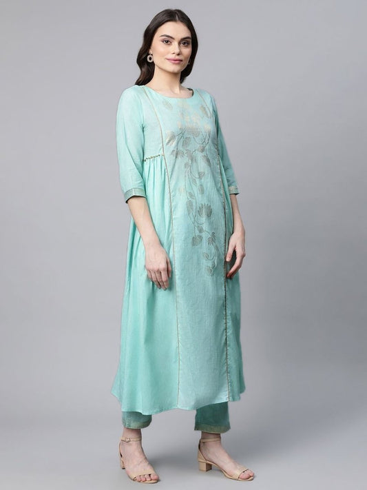 Ahalyaa Women Sea Green Colour Pure Cotton Gold Foil Print Kurta Pant Set | Swadesiicart