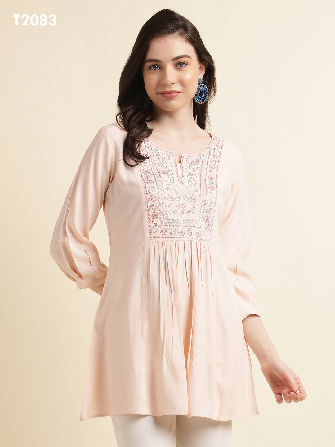 Peach Viscose Rayon Yoke Embroidered A-line Top - Tarini - Swadesiicart