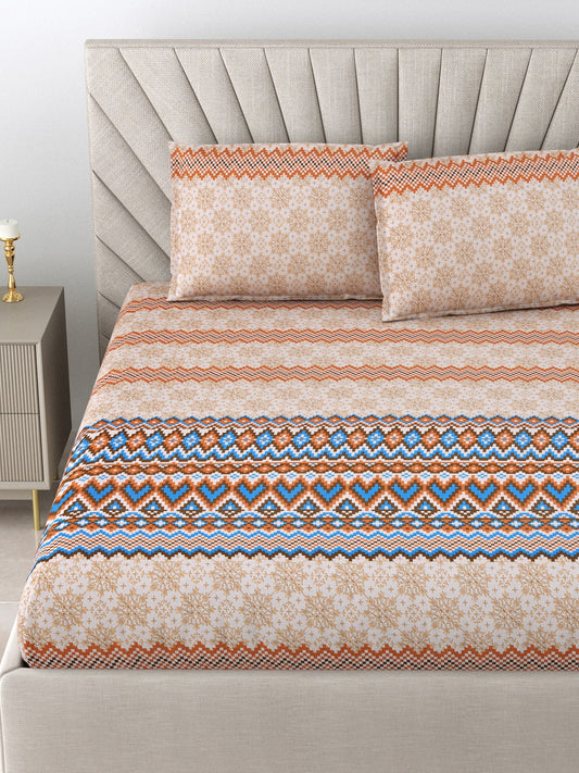 BOMBAY DYEING Brown & Blue Ethnic Motifs Cotton 250 TC King Bedsheet With 2 Pillow Covers - Swadesiicart