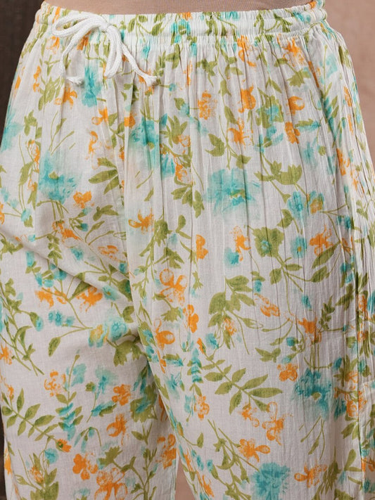 ADA Floral Printed Round Neck Regular Lucknowi Chikankari Kurta with Trousers | Swadesiicart